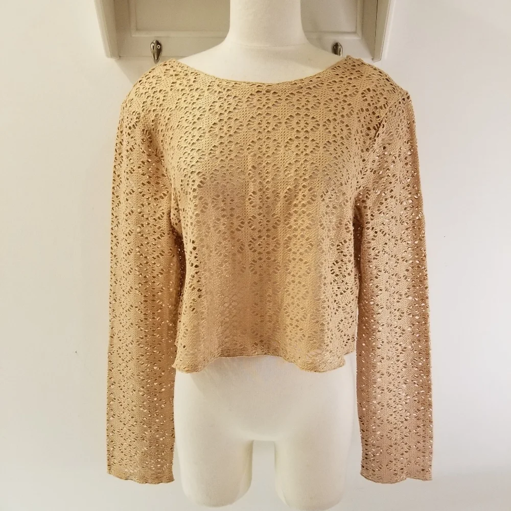 Free People Beach Metallic Gold Lurex Long Sleeve Cut Out Crochet Crop Top Sz L